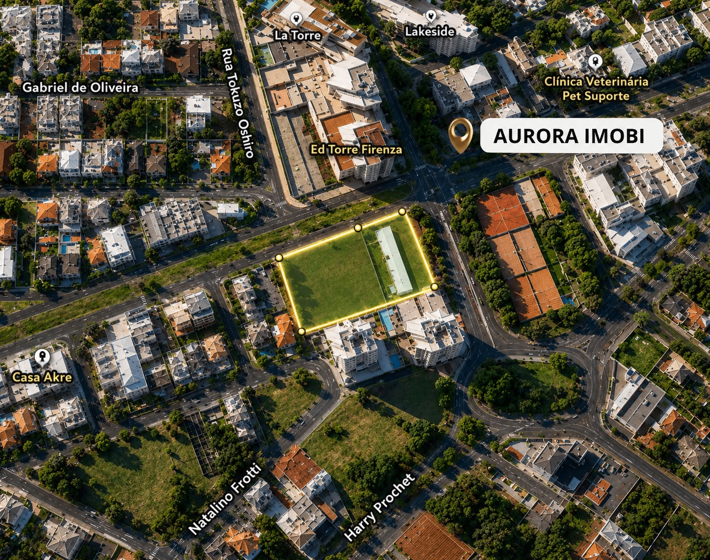 Vista aérea com o terreno do novo lançamento Vanguard demarcado no Bela Suíça — Londrina/PR